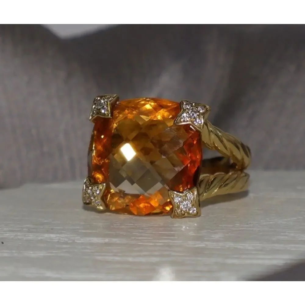 David Yurman 18k Yellow Gold Cushion Citrine & Diamond Ring 9.5G / Sz 6.5 - Picture 2 of 7